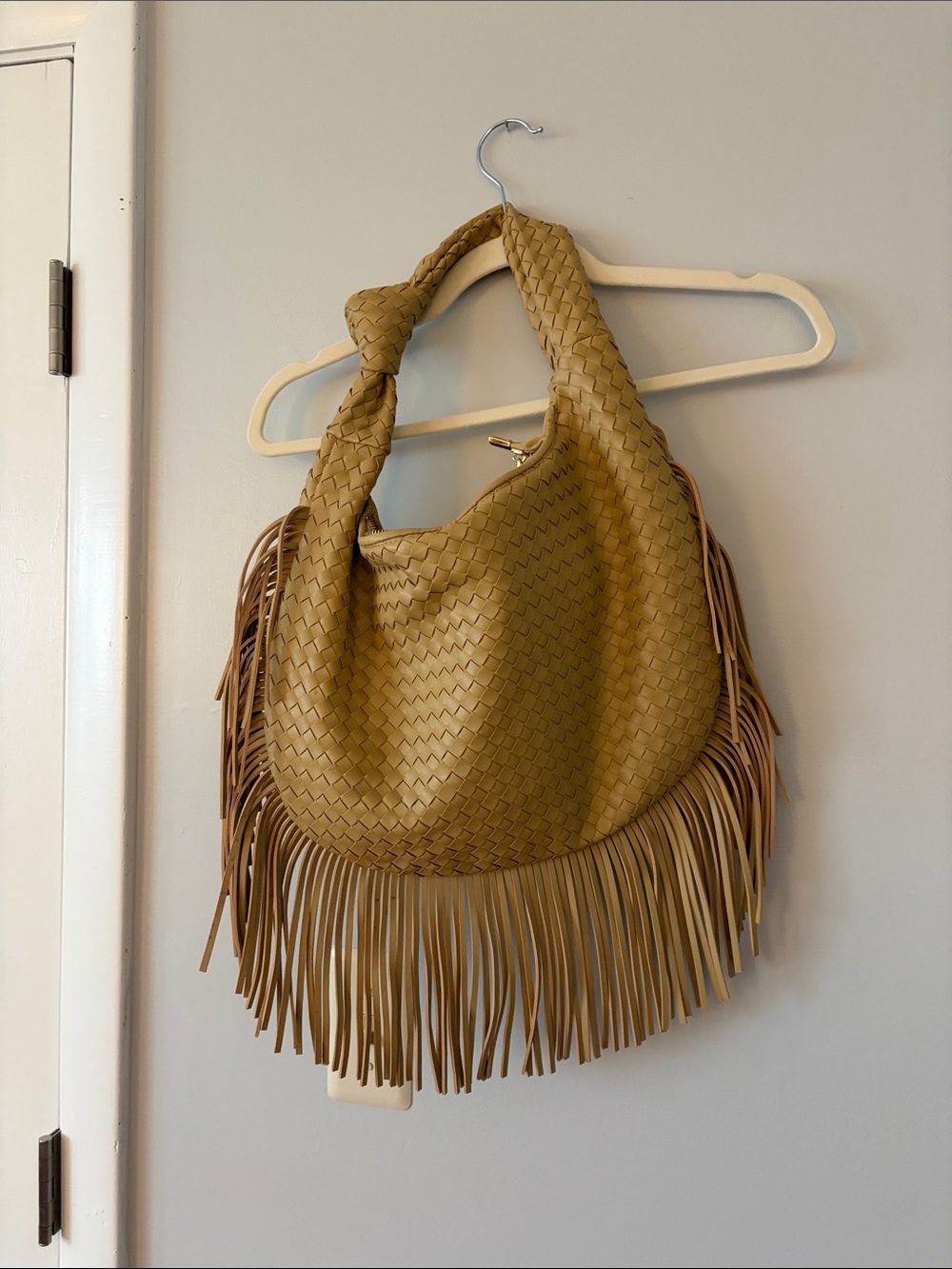 Melie Bianco Tan Woven Fringe Hobo Bag with Knotted Strap